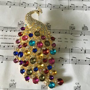Multi color rhinestone  peacock brooch